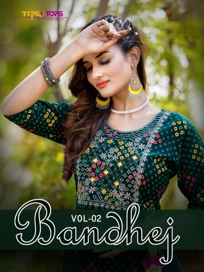 Bandhej Vol 2 By Tips & Tops Partywear Rayon Kurti With Pant Collection